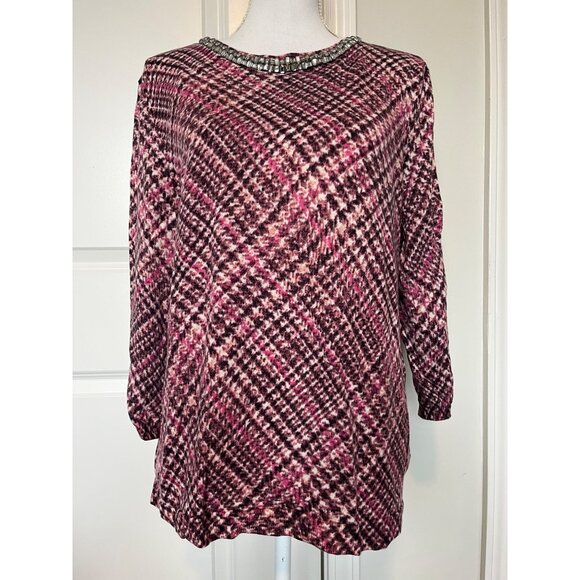 Talbots Womens Pure Merino Wool Plaid Top Size 2X With Embellished Neckline - Picture 1 of 8